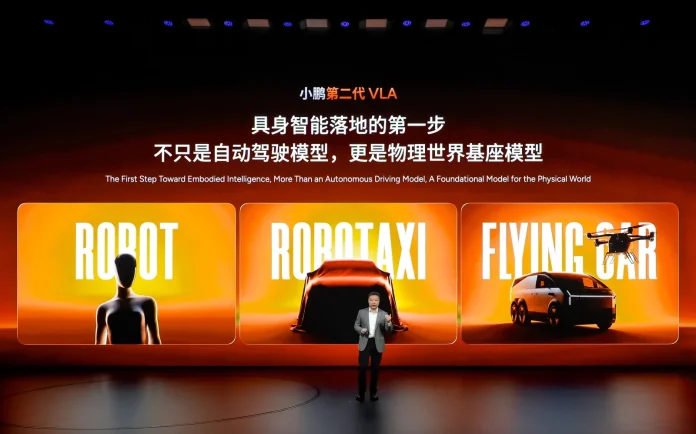 Xpeng's VLA2.0 model enters mass production with 50%+ assisted-driving share in month one, while its IRON humanoid robot targets end-2026 production.